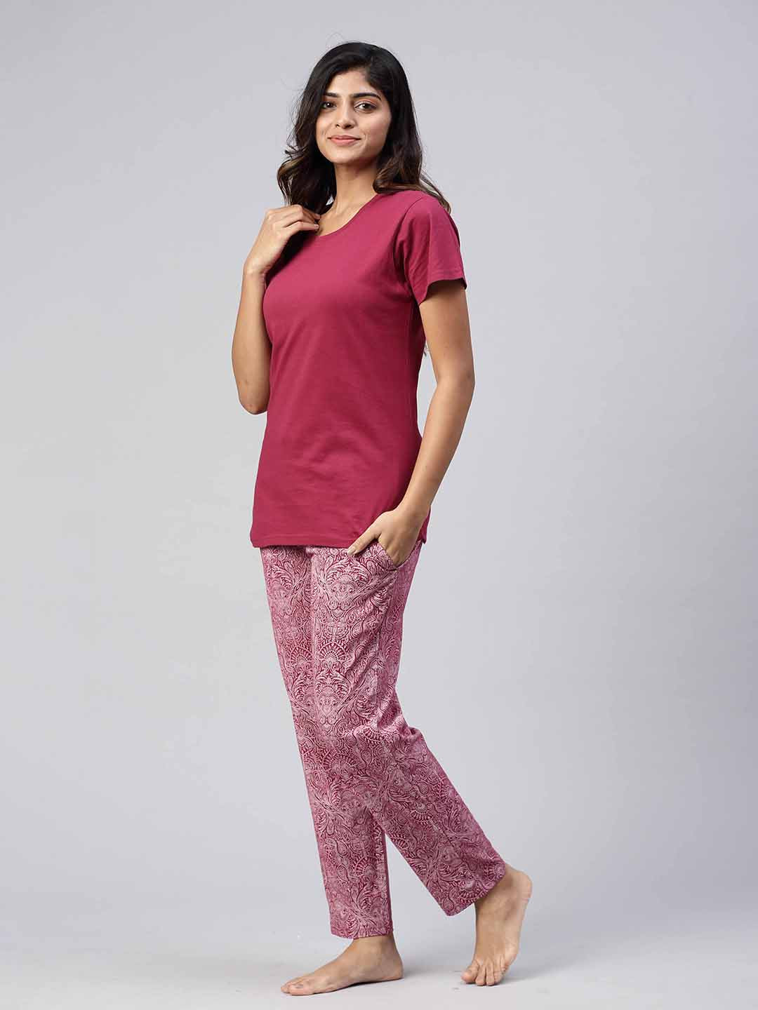 Women Knit Cotton Loungewear Set Burgendy