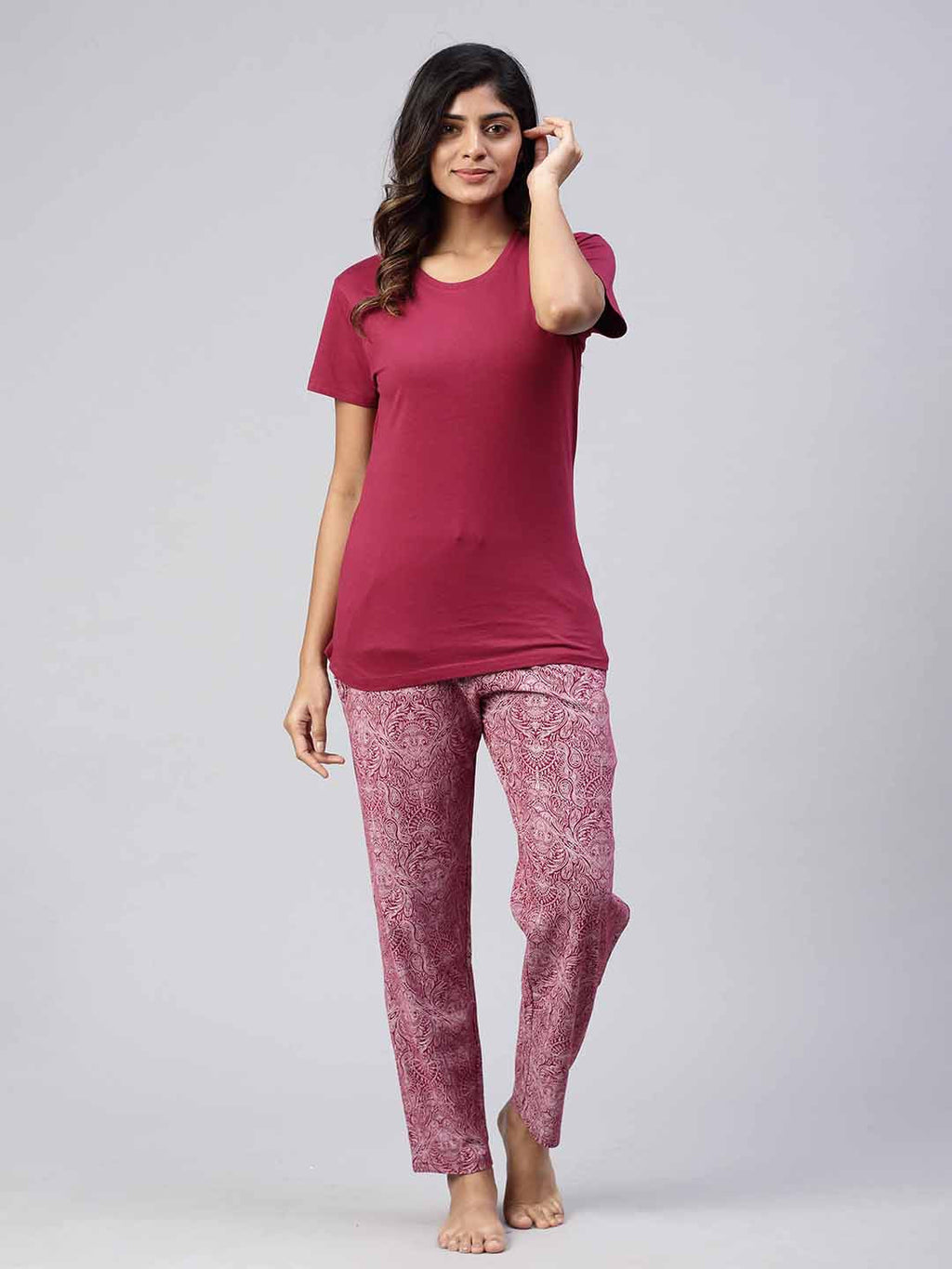 Women Knit Cotton Loungewear Set Burgendy