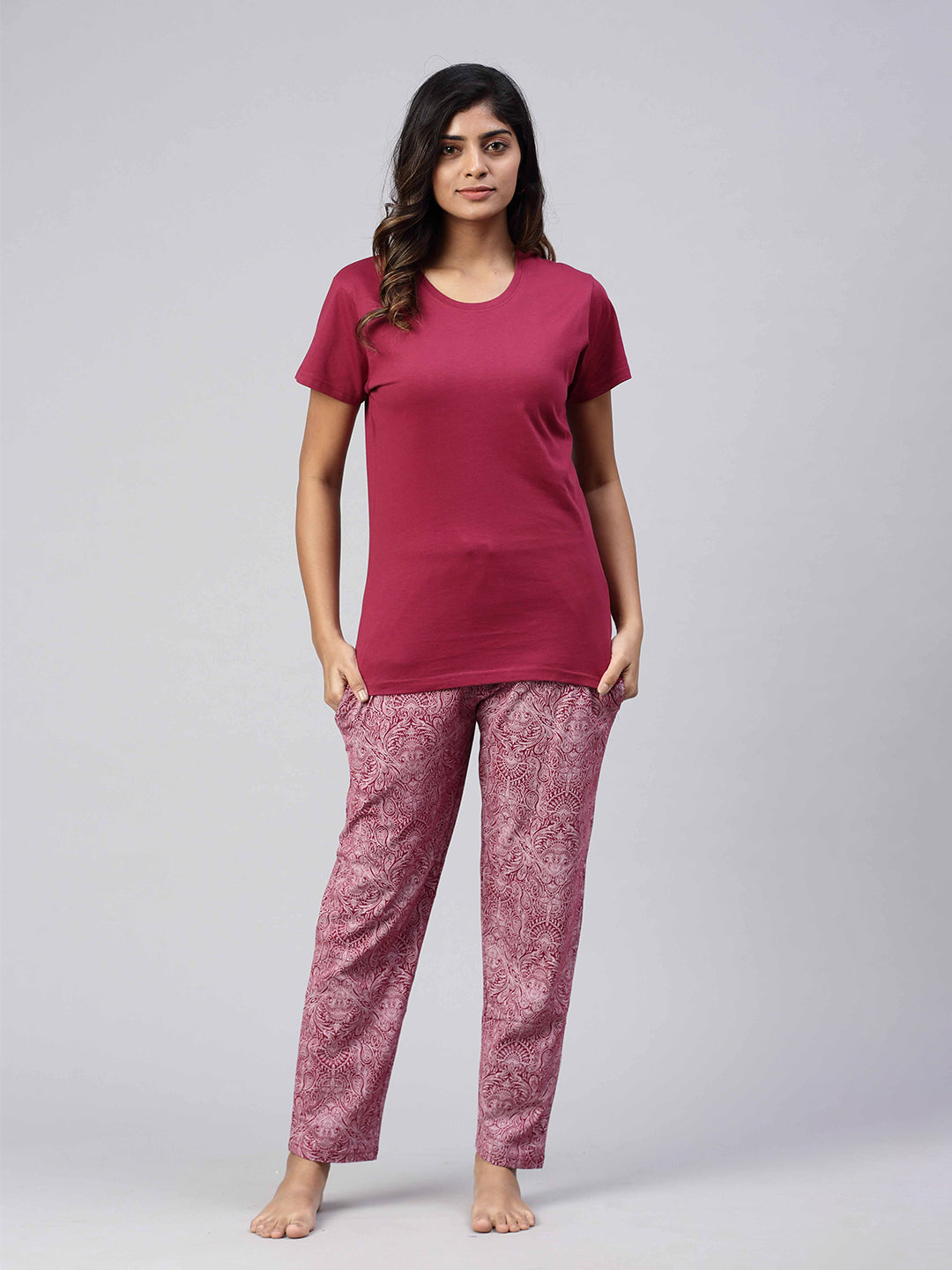 Women Knit Cotton Loungewear Set Burgendy