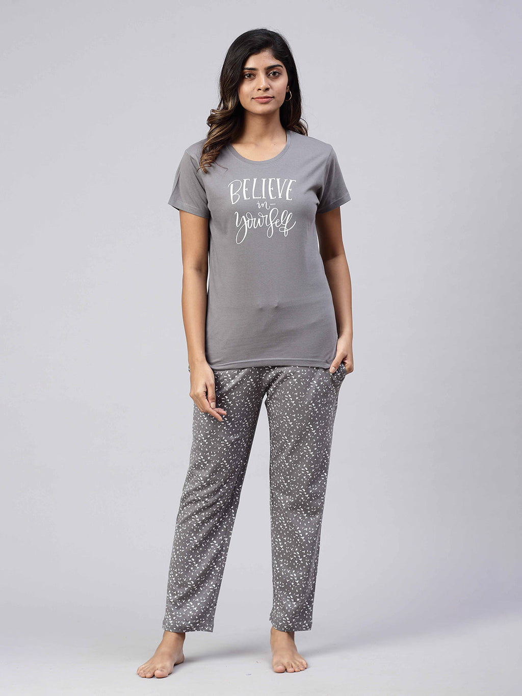 Women Knit Cotton Loungewear Set Grey