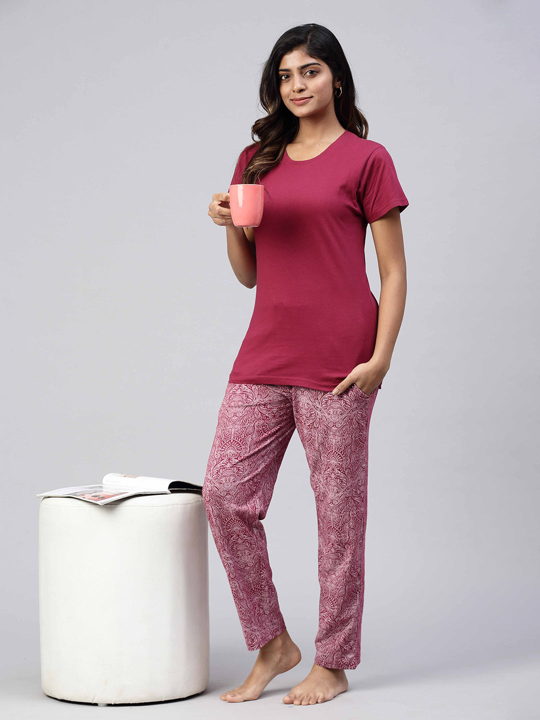 Women Knit Cotton Loungewear Set Burgendy