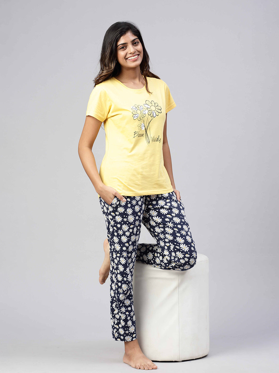 Women Knit Cotton Loungewear Set Yellow