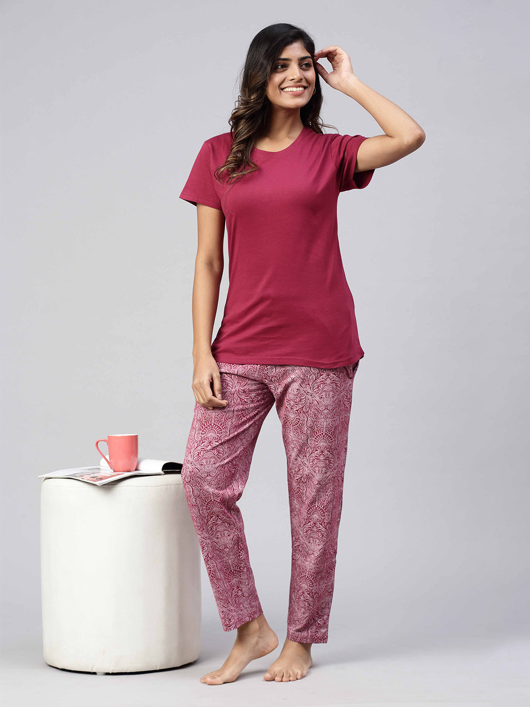 Women Knit Cotton Loungewear Set Burgendy