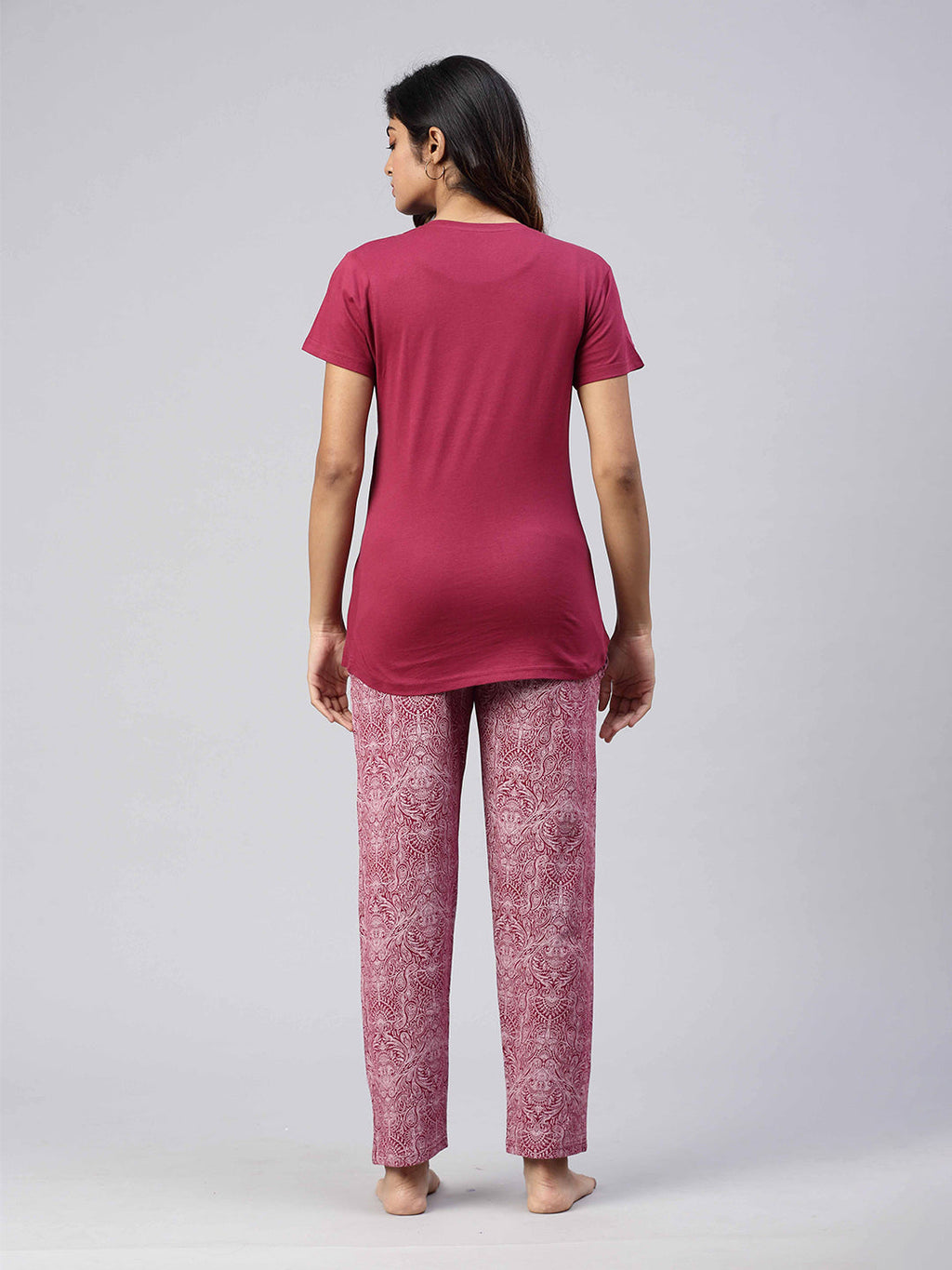 Women Knit Cotton Loungewear Set Burgendy