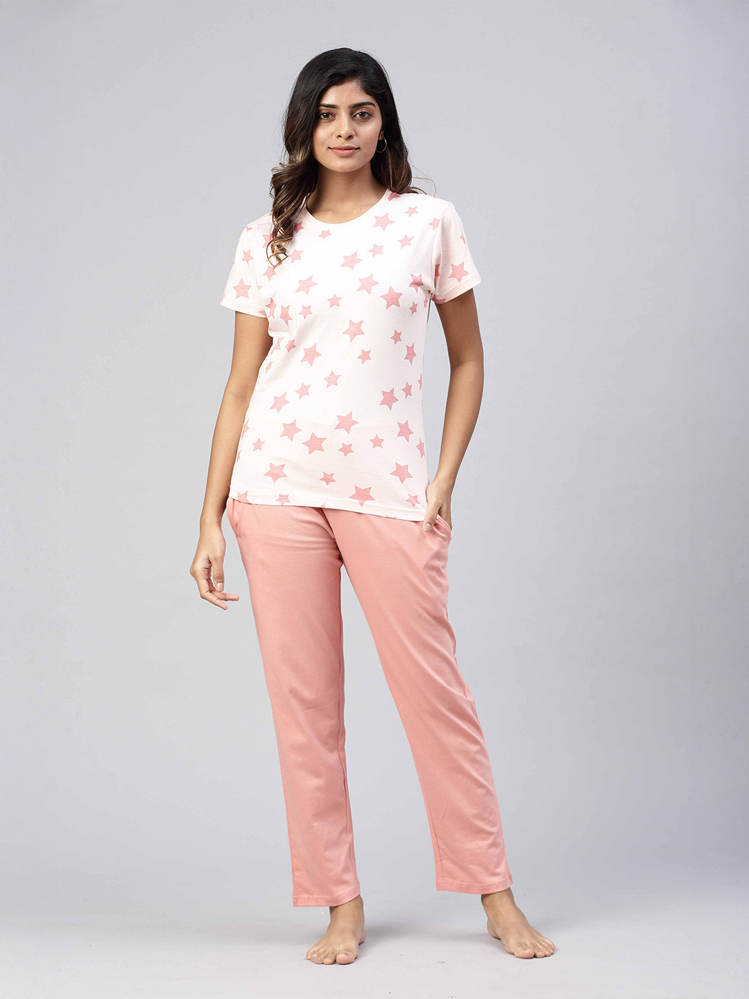 Women Knit Cotton Loungewear Set Peach