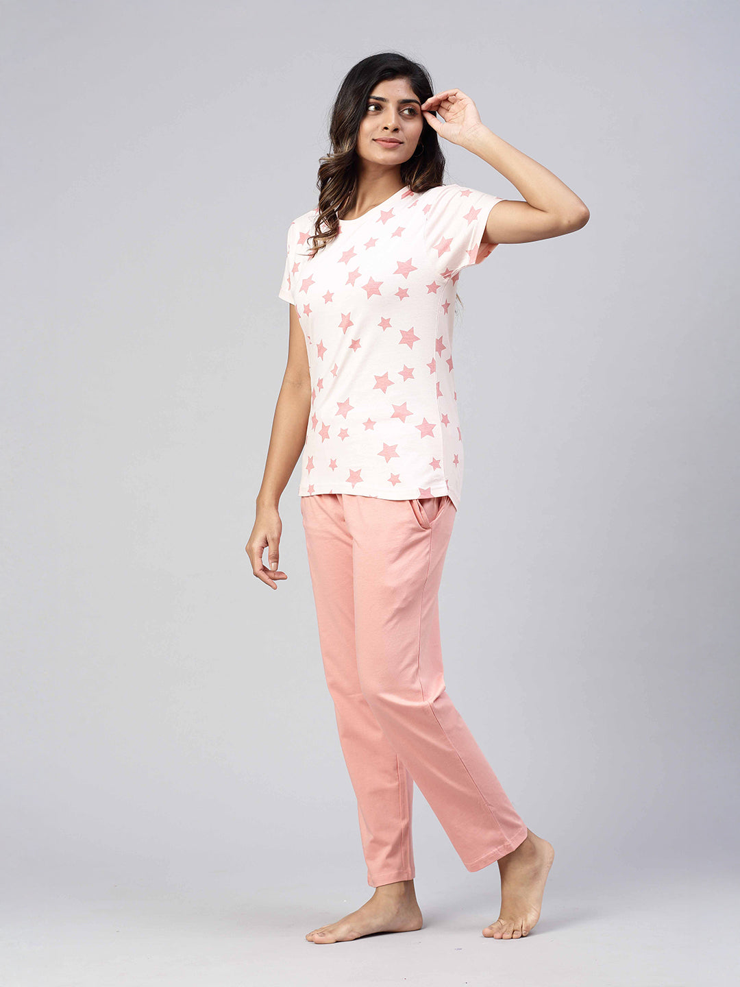 Women Knit Cotton Loungewear Set Peach